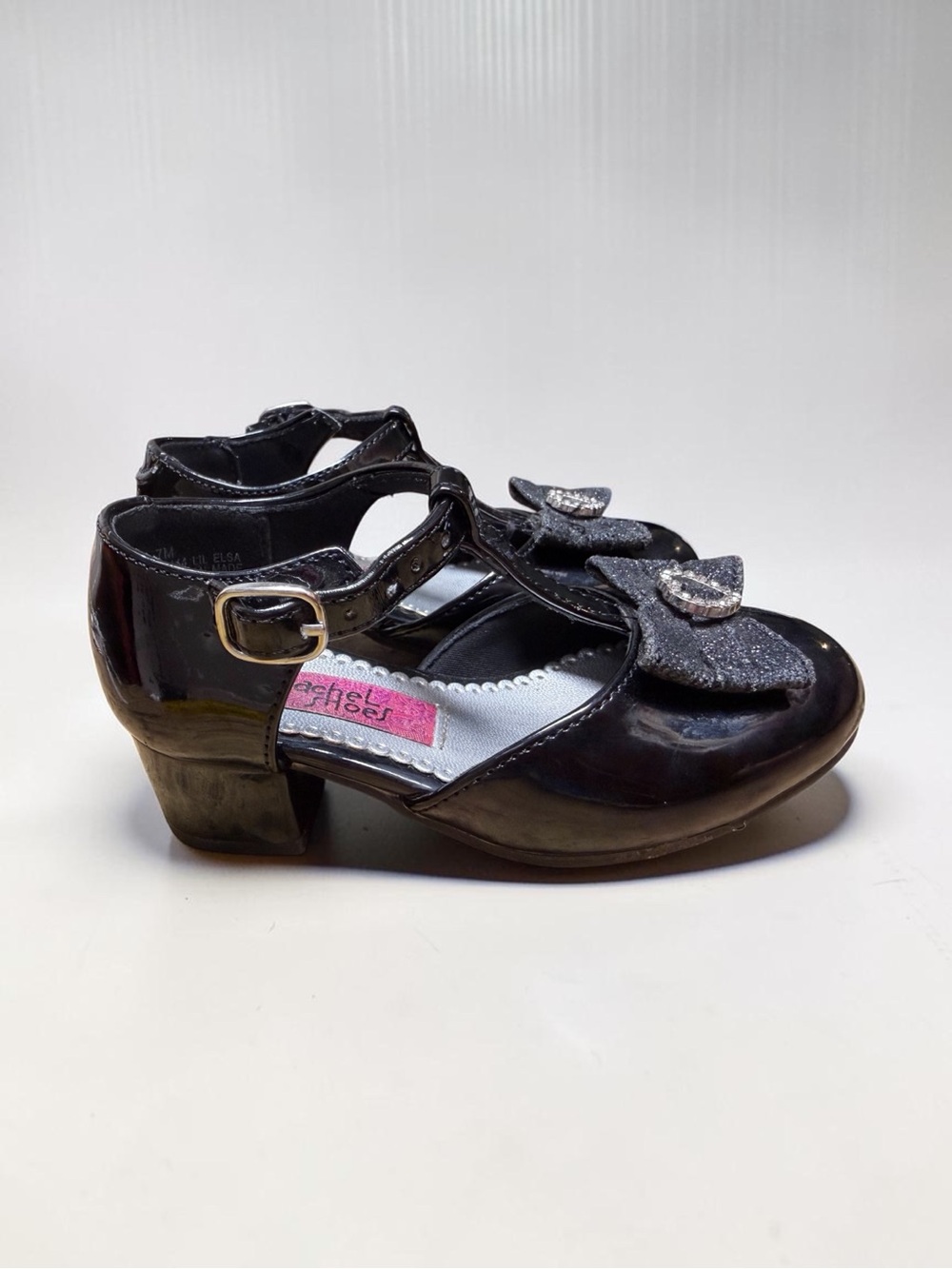 Rachel Shoes Black Patent Girls Dress Heels with Glitter Bow